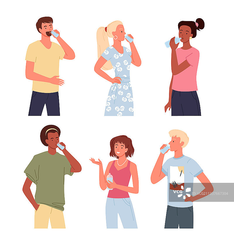 人们喝水，青年男女站立图片素材