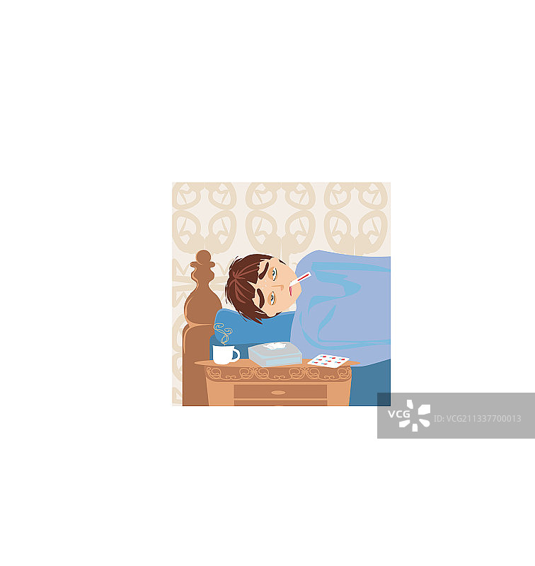 躺在床上的生病男孩图片素材