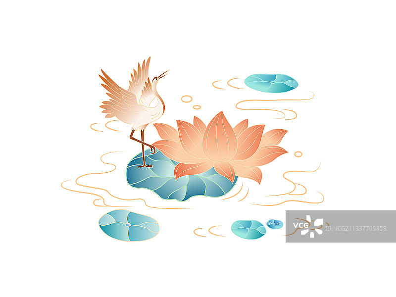 中国风仙鹤莲花元素图案白色背景图片素材