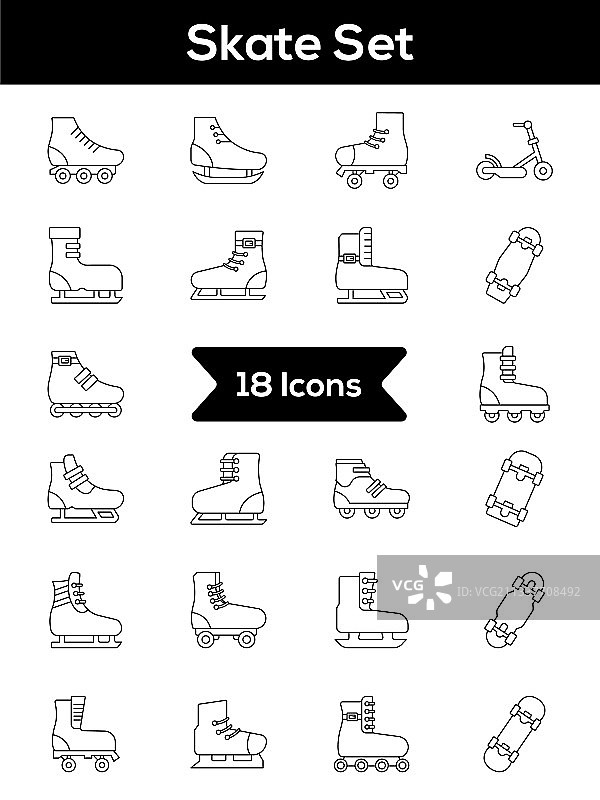 扁平风格黑色线条滑板图标合集图片素材