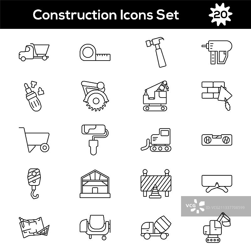 扁平风格的黑色线条艺术建筑图标集图片素材