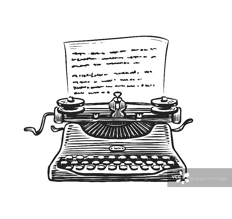 复古打字机和纸张手绘草图图片素材