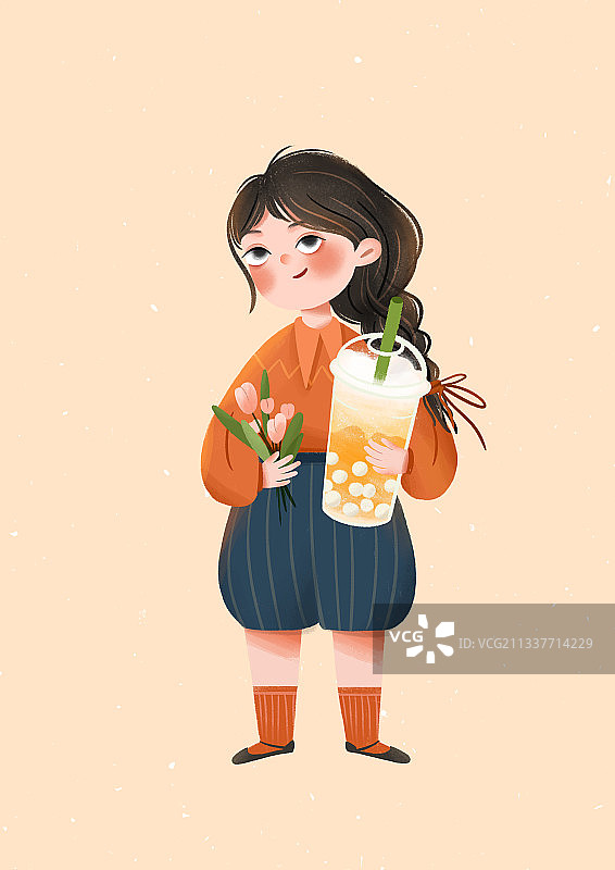 原创插画|萌系小可爱|喝奶茶图片素材