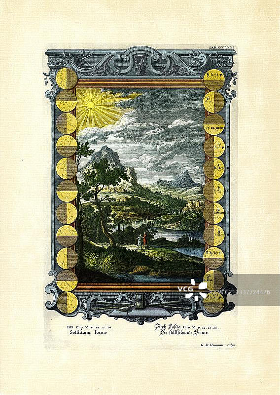 《约书亚记》10/12, 13, 14，静止的太阳，约翰·雅各布·舍伊赫泽的铜版画圣经361图片素材