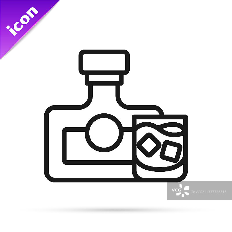 黑色线条威士忌酒瓶和酒杯图标图片素材