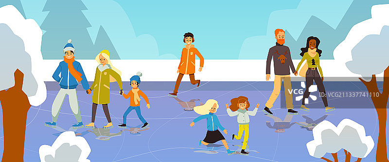 幸福家庭：孩子们在冰上玩耍图片素材