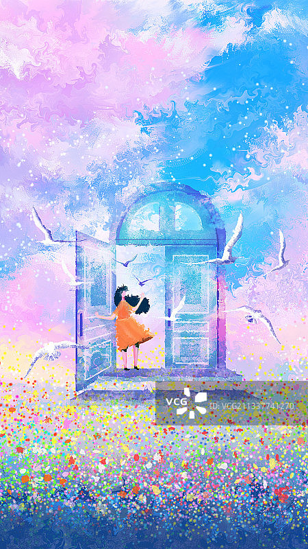 一位少女推开一扇门外面是一片花海和白鸽插画图片素材