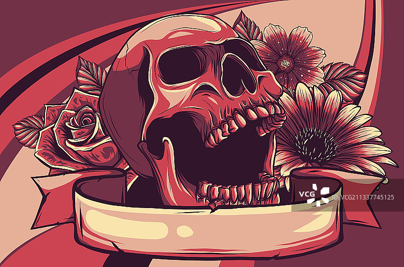 带彩色花朵的人类头骨图片素材