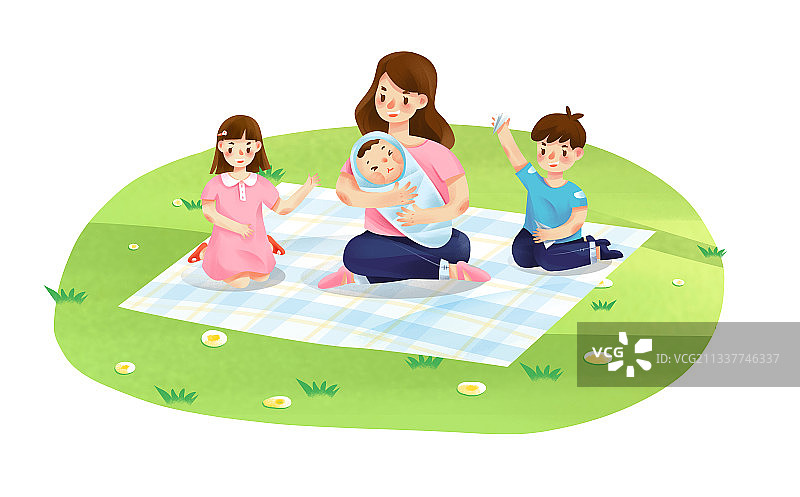 一家人和刚出生的三胎宝宝在户外野餐图片素材