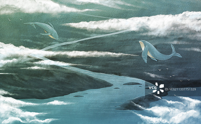 粉笔风格天空鲸鱼飞翔河流幻想世界想象力烂漫治愈科幻插画图片素材