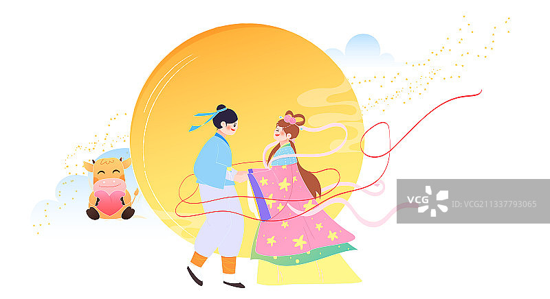 七夕节牛郎织女拉手和小牛清新矢量插画元素图片素材