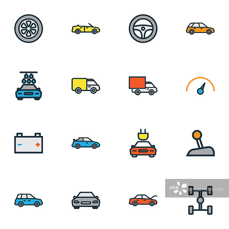 彩色汽车图标线条合集，含齿轮特斯拉图片素材