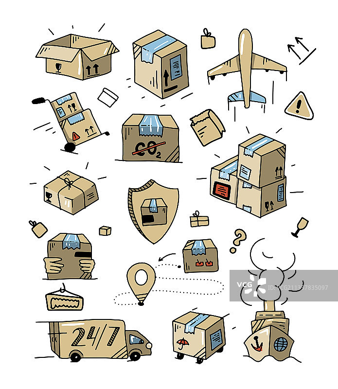 彩色涂鸦物流配送元素合集图片素材