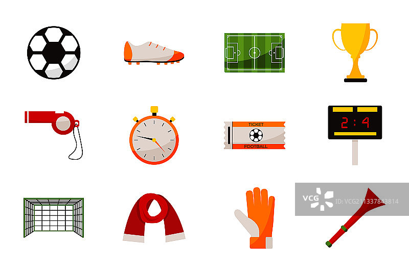 足球比赛设备和足球奖杯图标集图片素材