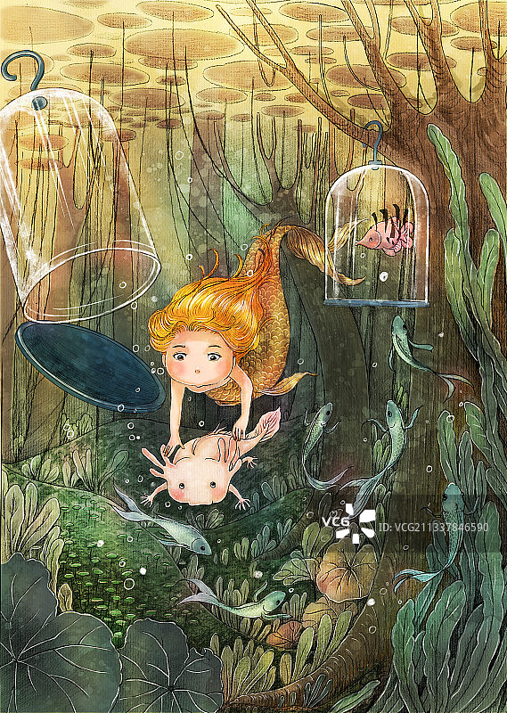 深海探险美人鱼洞螈热带鱼水下治愈魔幻奇幻神秘插画图片素材