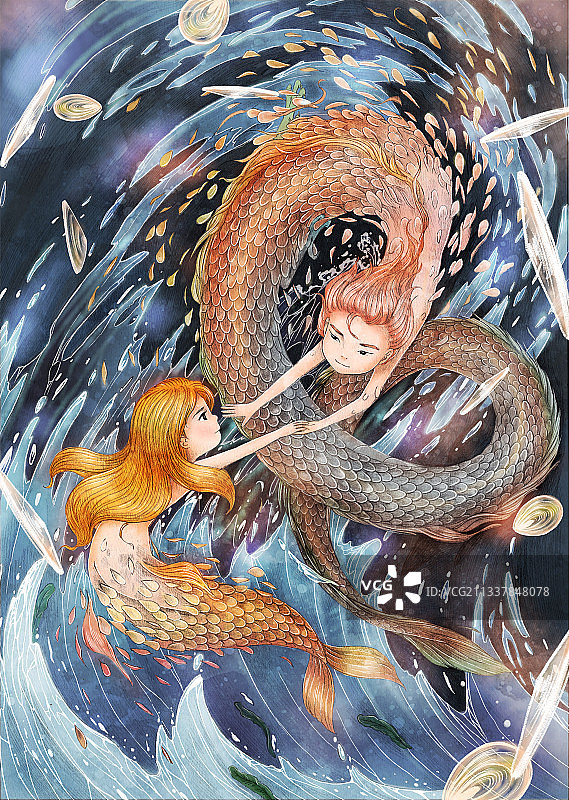 深海探险美人鱼龙化人海浪动作鱼鳞魔幻奇幻想象插画图片素材