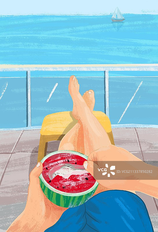 坐在海边吃西瓜图片素材