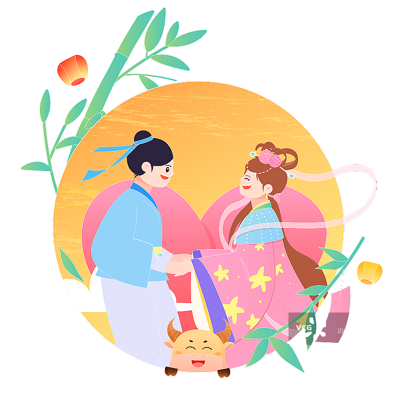 七夕节牛郎织女拉手和小牛喜鹊清新矢量插画元素图片素材