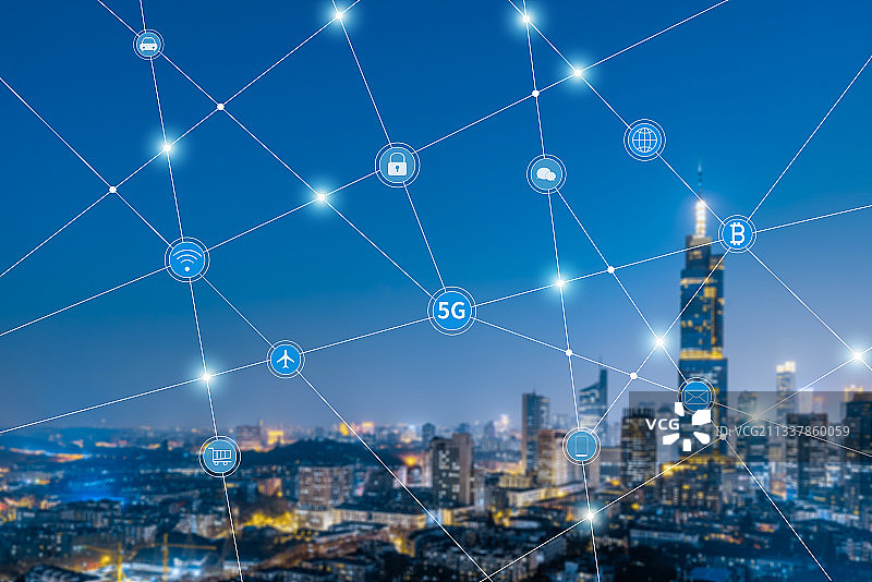 中国江苏南京城市天际线夜景和5G城市概念图片素材