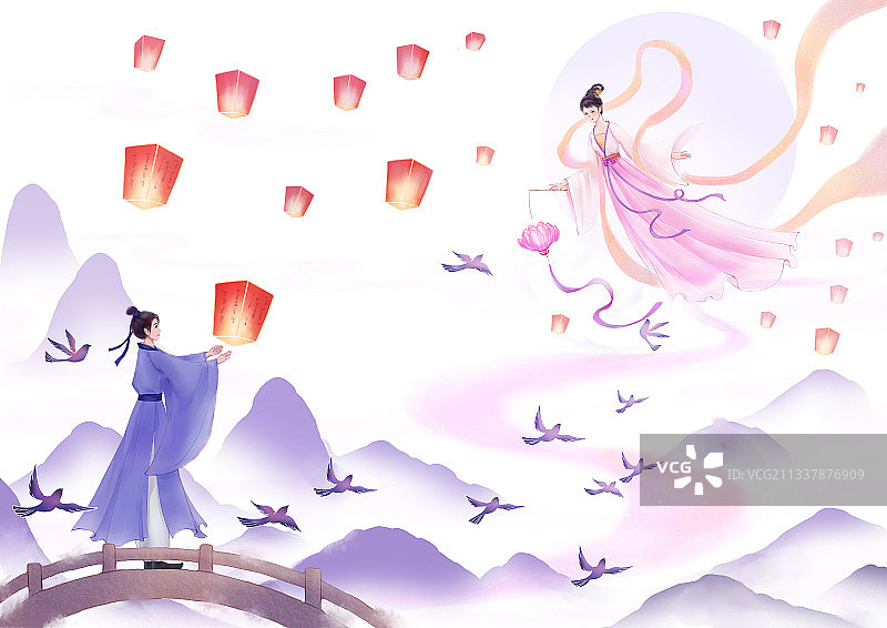 唯美古风手绘七夕鹊桥相会图片素材