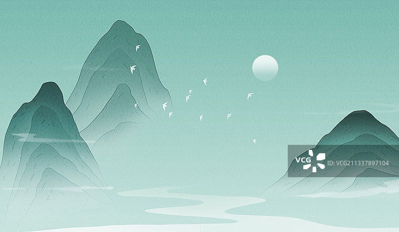 新中式水墨山水插画图片素材