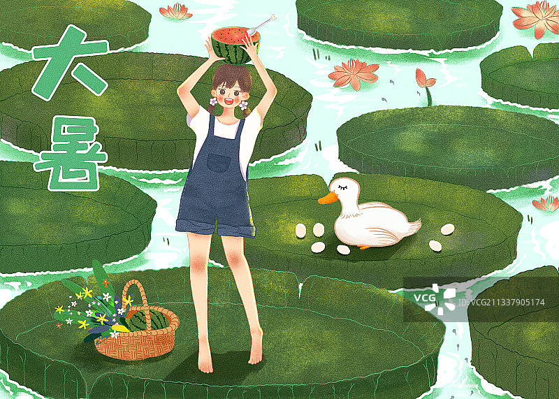 清新女孩大暑节气插画图片素材