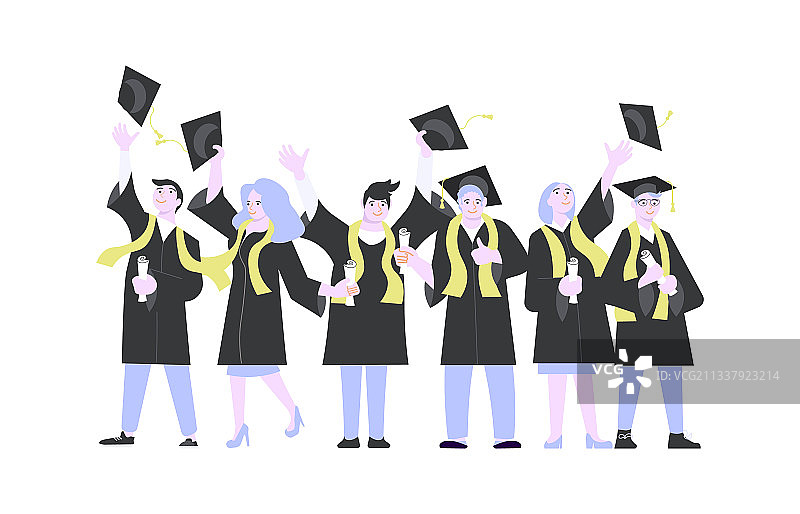 快乐的毕业生们抛洒学士帽图片素材