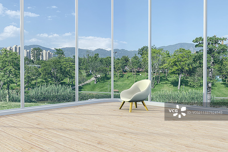 空旷的室内空间与窗外公园图片素材