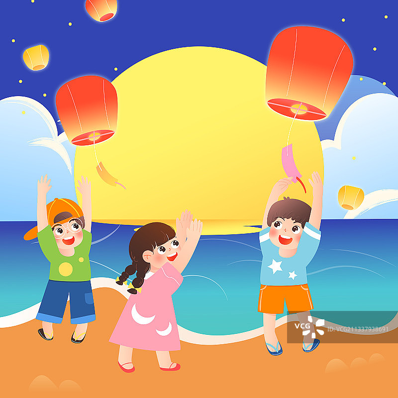 三个儿童在海边月亮下放孔明灯矢量插画方图图片素材