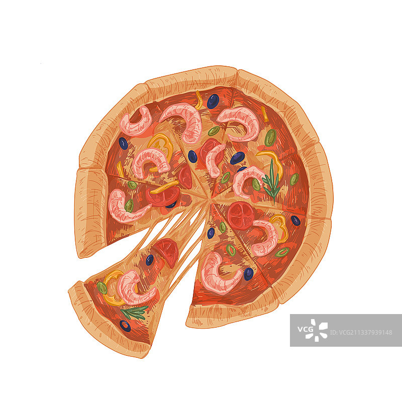 香辣虾肉厚底披萨俯视图图片素材