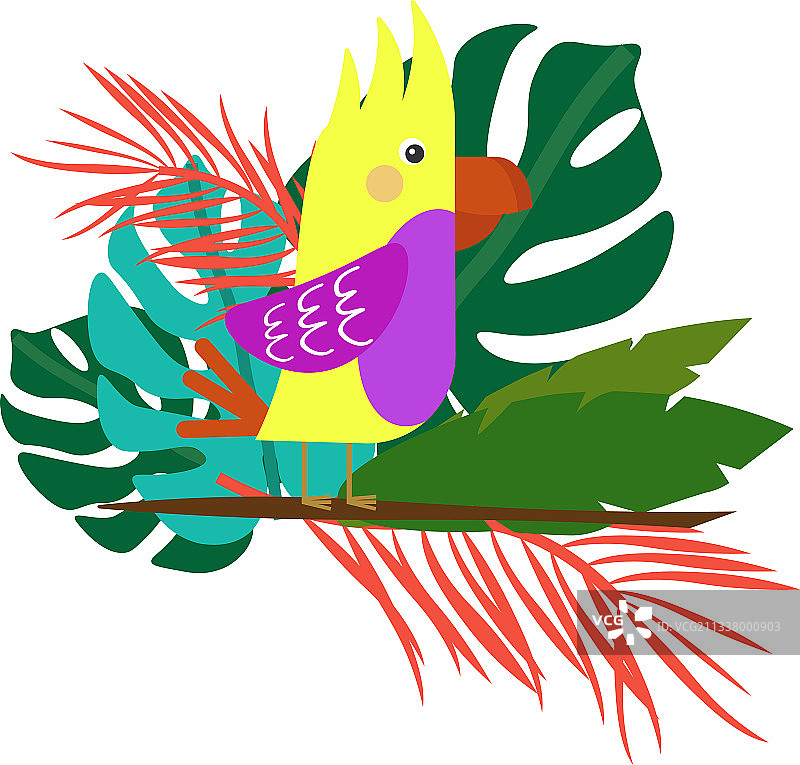 栖息在热带树枝上的黄色鹦鹉图片素材
