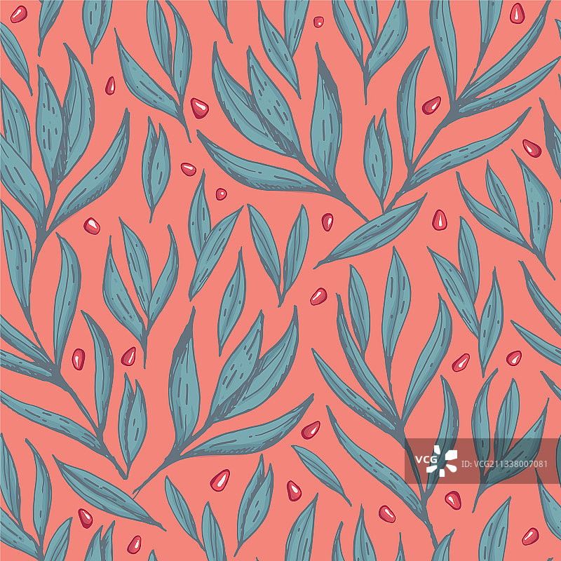 手绘石榴籽和树叶图片素材