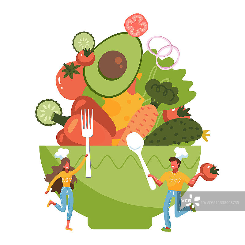 小人站在巨大的沙拉碗旁图片素材