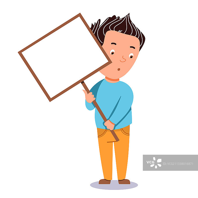 深色头发的男孩举着带文字的标牌图片素材