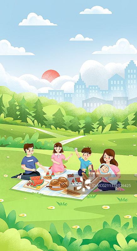 暑假公园一家人在公园野餐休息图片素材