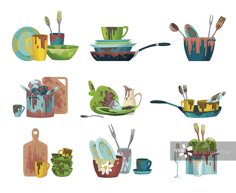 脏盘子、杯子和平底锅套装图片素材