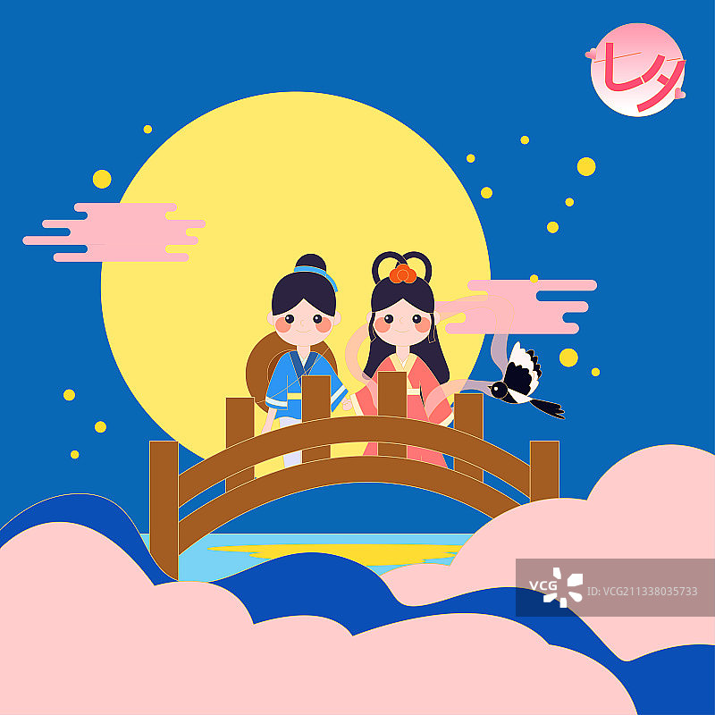 七夕节牛郎织女矢量插画卡通海报图片素材