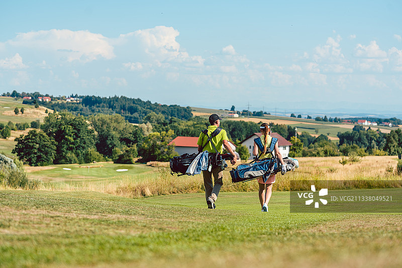 全长后视图一对夫妇携带专业的高尔夫球袋，而走在绿色的田野上的高尔夫球场在一个阳光明媚的夏天图片素材