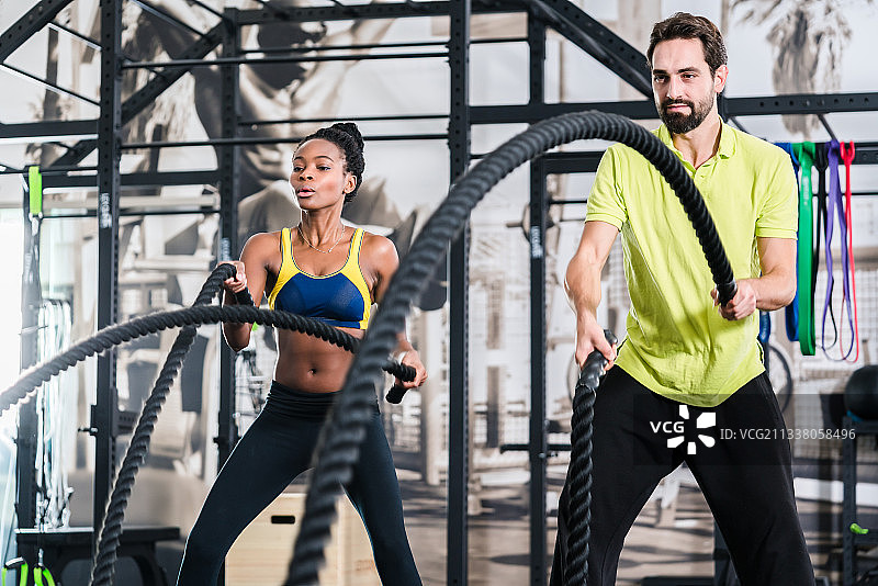 人们在健身房里用格斗绳进行功能训练图片素材
