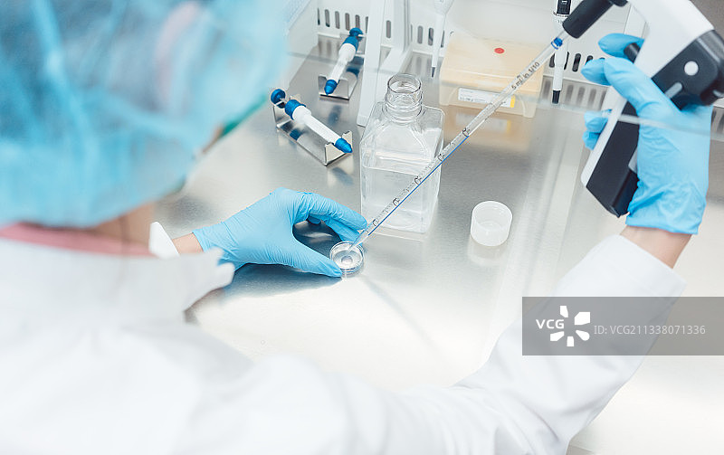 在实验室使用吸管和培养皿进行生物技术实验的科学家图片素材