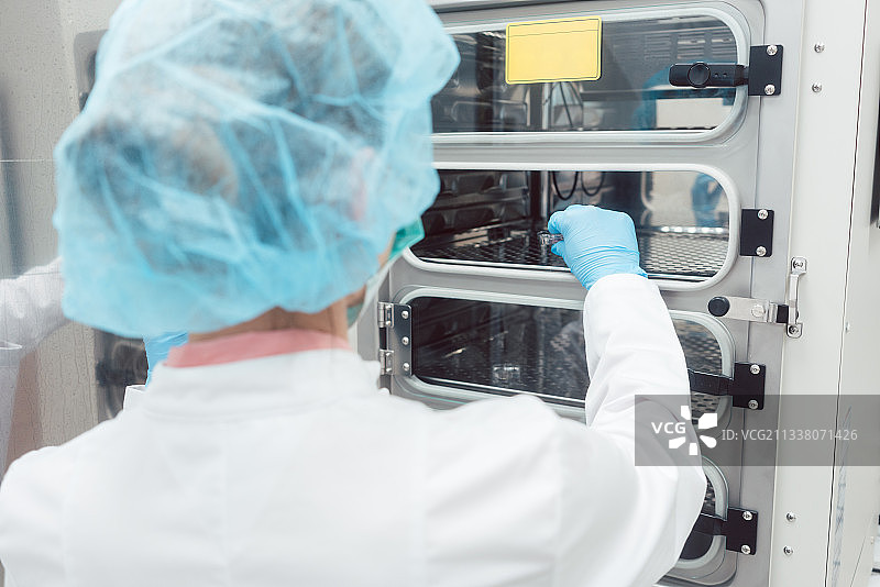 女医生把装有受精卵的盘子放在孵化器里图片素材