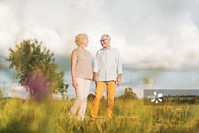 老夫妻手牵着手在夏日的风景中散步图片素材