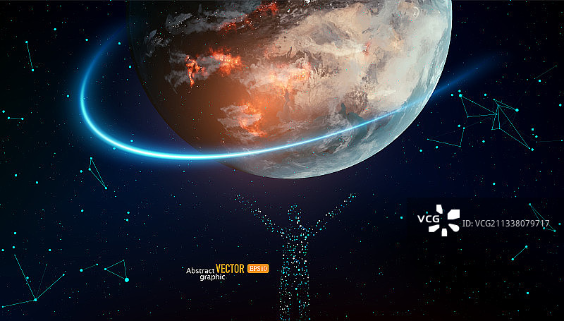 粒子点组合的人托起有卫星轨道的地球，抽象矢量高科技商务背景图片素材