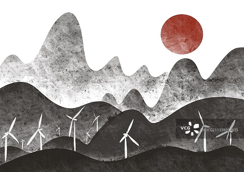 水墨画里的风力发电机图片素材