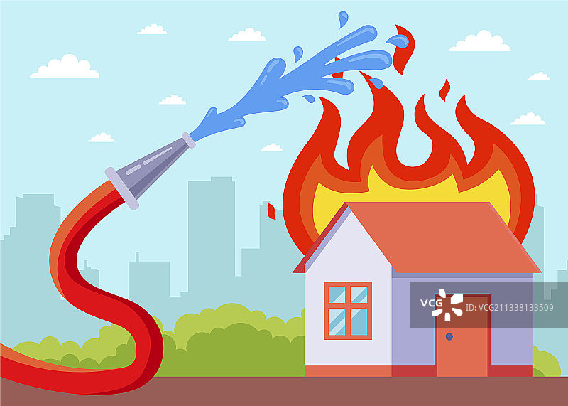 用水管扑灭燃烧的房子图片素材