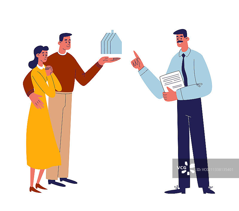 房地产经纪人向一对年轻夫妇出售房屋图片素材