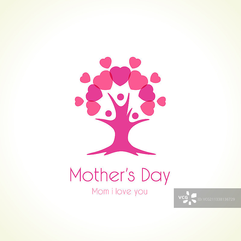 母亲节快乐粉色树，有妈妈和孩子们图片素材