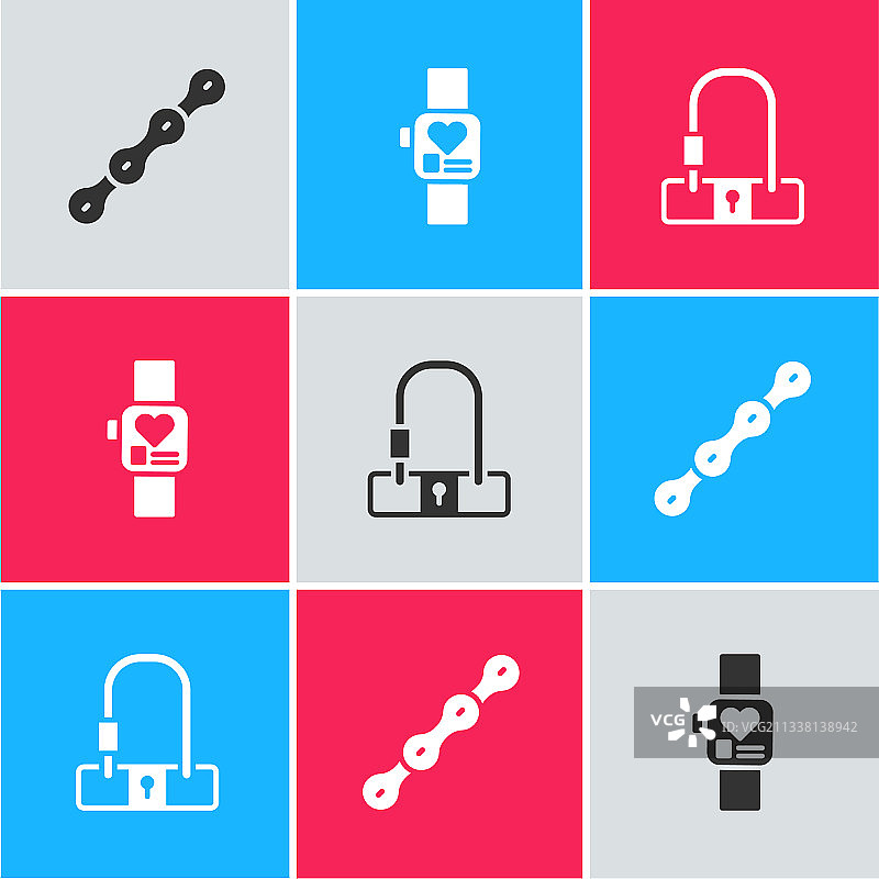 自行车链条、智能手表与锁具图标图片素材