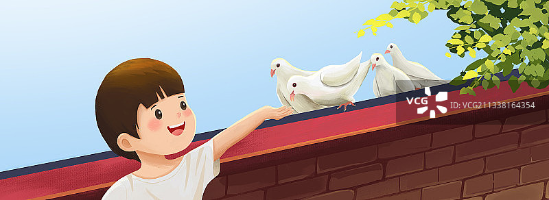 小男孩喂鸽子banner图片素材
