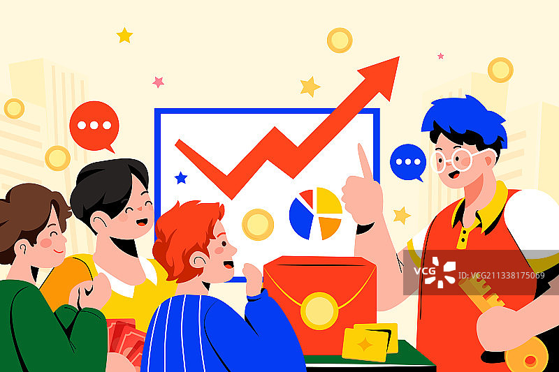 卡通互联网金融理财抽奖信用卡数据安全收益返现商务经济矢量插画图片素材